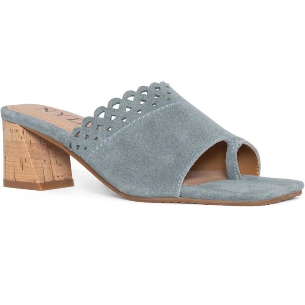 New NYDJ Perforated Suede Leather Block Heel Slip On Mules Blue Size 11